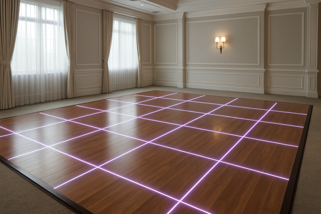 Detalle de pista de baile de madera con luces led en renta