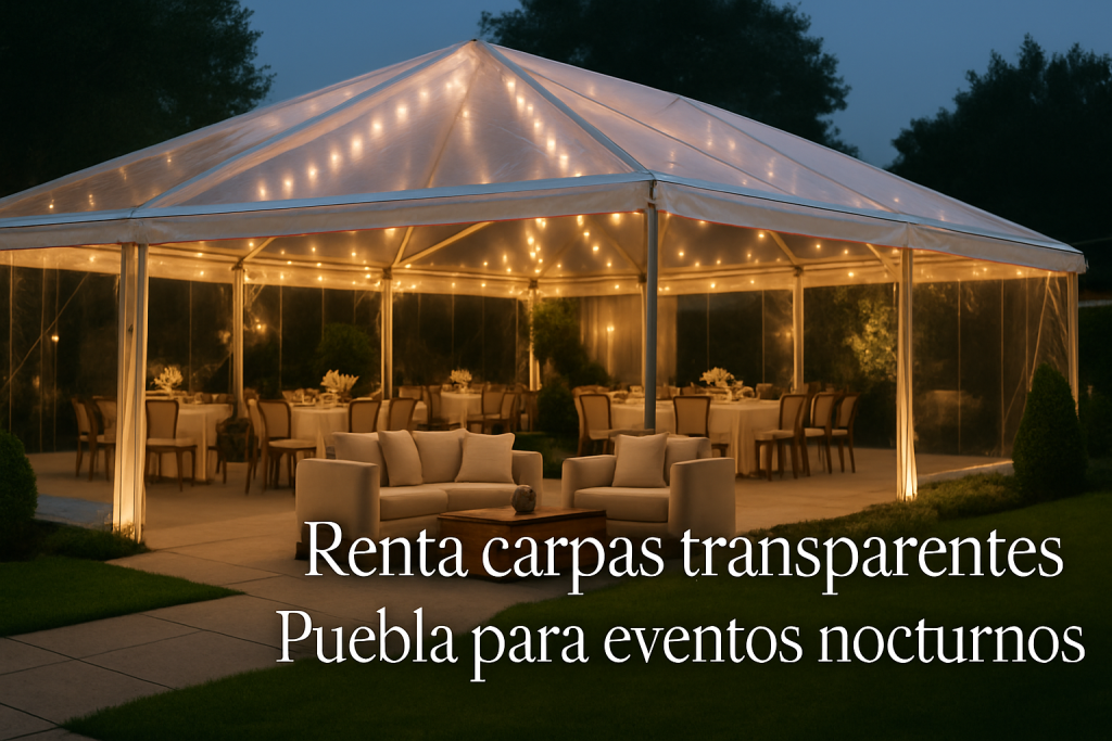 Montaje de carpa transparente con mesas y sillas para evento nocturno